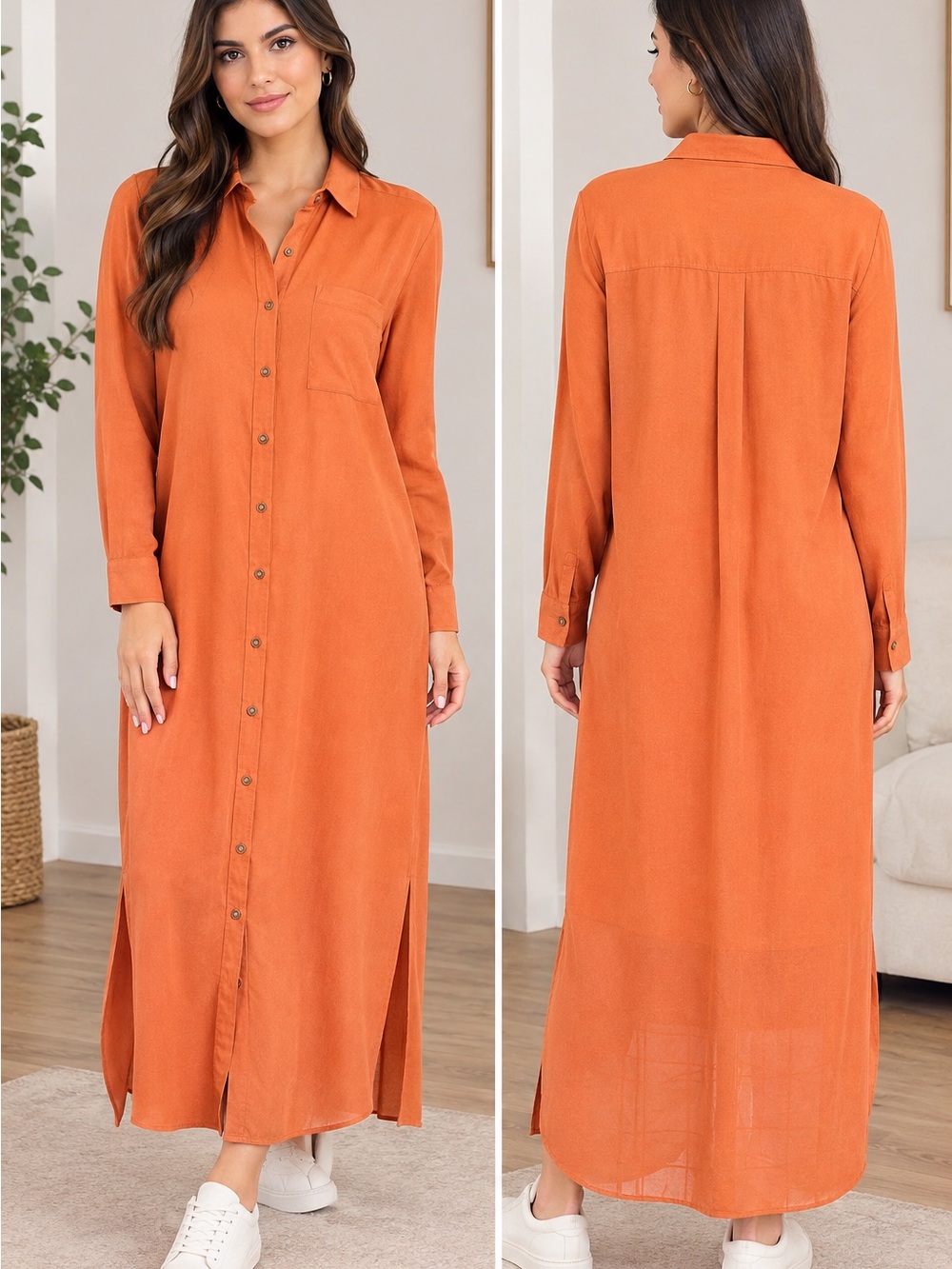 Forever 21 Orange Button-Front Maxi Shirt Dress